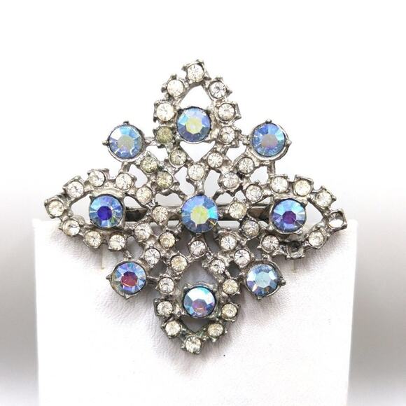 Vintage Blue AB Rhinestone Brooch, Pot Metal Base, 1940s, 2 Inches - Picture 2 of 8